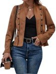 Women's Faux Suede Leather Blazer Jacket - Brown