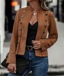 Women's Faux Suede Leather Blazer Jacket - Brown