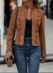 Women's Faux Suede Leather Blazer Jacket - Brown