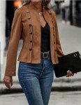 Women's Faux Suede Leather Blazer Jacket - Brown
