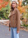 Women's Faux Leather Cropped Jacket in Camel