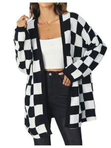 Black and White Oversized Checkered Cardigan for Women