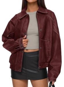 Wine Red Oversized Faux Leather Bomber Jacket
