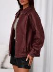 Wine Red Oversized Faux Leather Bomber Jacket