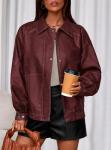Wine Red Oversized Faux Leather Bomber Jacket