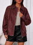 Wine Red Oversized Faux Leather Bomber Jacket