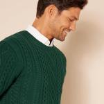 Men's Dark Green Cotton Fisherman Cable Crewneck Sweater