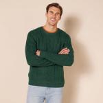 Men's Dark Green Cotton Fisherman Cable Crewneck Sweater