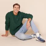 Men's Dark Green Cotton Fisherman Cable Crewneck Sweater