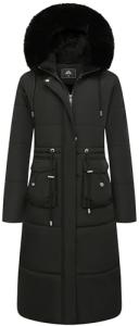 Women's Waterproof Maxi Puffer Coat with Faux Fur Hood