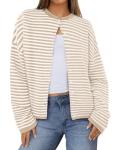 Beige Striped Long Sleeve Cardigan for Women