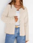 Beige Striped Long Sleeve Cardigan for Women