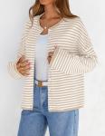 Beige Striped Long Sleeve Cardigan for Women