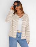 Beige Striped Long Sleeve Cardigan for Women