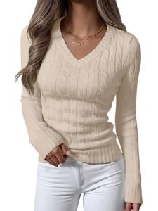 ANRABESS Women's Cable Knit V-Neck Pullover Sweater