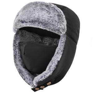 Unigear Winter Trapper Hat for Men Women, Faux Fur Ushanka Trooper Hat for Hunting Skiing with Detachable Face Mask Black