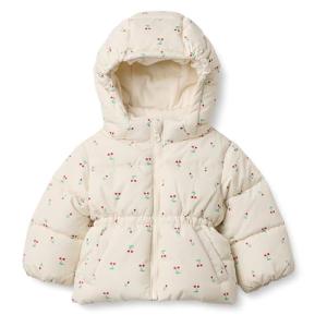 Girls' Ivory Cherries Water-Resistant Hooded Puffer Jacket