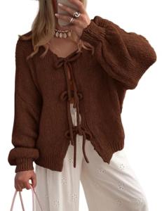 PRETTYGARDEN Women's Puff Sleeve Tie Front Cardigan