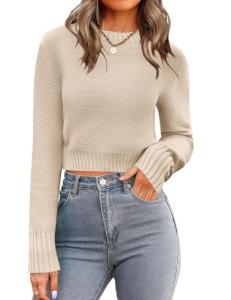 Zeagoo Women's Cropped Long Sleeve Sweater - Beige