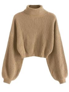 ZAFUL Women's Cropped Turtleneck Lantern Sleeve Sweater