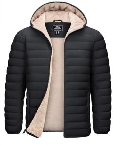 Men's Black Sherpa-Lined Puffer Jacket