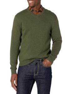 Men's V-Neck Pullover Sweater in Olive Heather