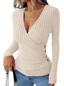 ANRABESS Women's V Neck Ribbed Knit Top