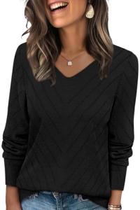 Cozy Black V Neck Long Sleeve Sweater for Women