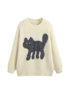 CIDER Women's Cute Cat Graphic Sweater - Beige