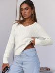 Womens V Neck Cable Knit Sweater - Cream