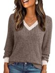 AUTOMET Women's Color Block V Neck Tunic Sweater