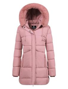 ASPO Women's Pink Waterproof Puffer Jacket with Fur Hood