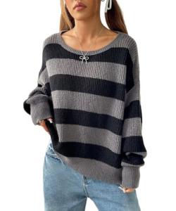 SKAYS Women's Grey Colorblock Striped Pullover Sweater