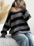 SKAYS Women's Grey Colorblock Striped Pullover Sweater