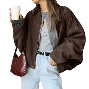 HOTIAN Women's Oversized Faux Suede Bomber Jacket