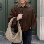 HOTIAN Women's Oversized Faux Suede Bomber Jacket