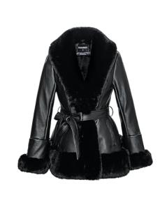 Faux Leather Women's Jacket with Faux Fur Collar
