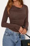 Women’s Long Sleeve Cowl Neck Knit Top - Brown