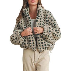 Qmlyev Women's Fuzzy Checkered Sherpa Jacket