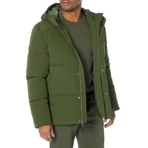 Men's Mid-Length Hooded Puffer Coat - Dark Olive