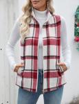 Plaid Zip-Up Vest with Collared Sleeves and Pockets