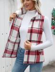 Plaid Zip-Up Vest with Collared Sleeves and Pockets
