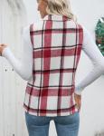Plaid Zip-Up Vest with Collared Sleeves and Pockets