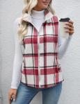 Plaid Zip-Up Vest with Collared Sleeves and Pockets