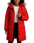 Women's Red Heavyweight Puffer Coat with Faux Fur Hood