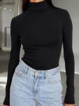 Trendy Women's Black Turtleneck Long Sleeve Top
