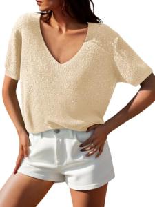 Short Sleeve Glitter V Neck Sweater Top for Women