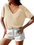 Short Sleeve Glitter V Neck Sweater Top for Women