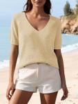 Short Sleeve Glitter V Neck Sweater Top for Women