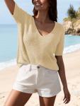 Short Sleeve Glitter V Neck Sweater Top for Women